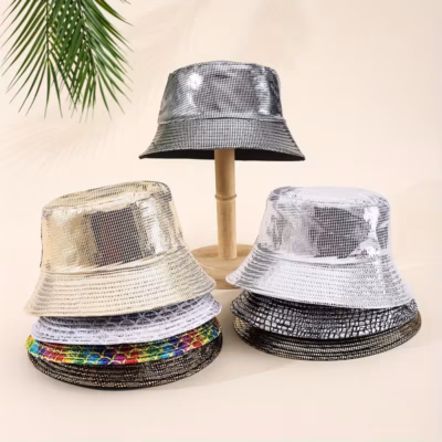2025 Double-Sided PU Leather Glossy Pattern Bucket Hat with Full Print, Unisex Outdoor Travel Beach Cap for All Seasons, European and American Style, Suitable for Men and Women