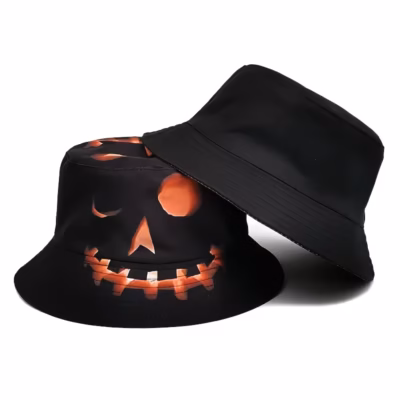 Halloween Easter New Positioning Print Bucket Hat Pumpkin Light Pattern Double-sided Basin Hat Personality Outdoor Sunshade Fisherman Hat
