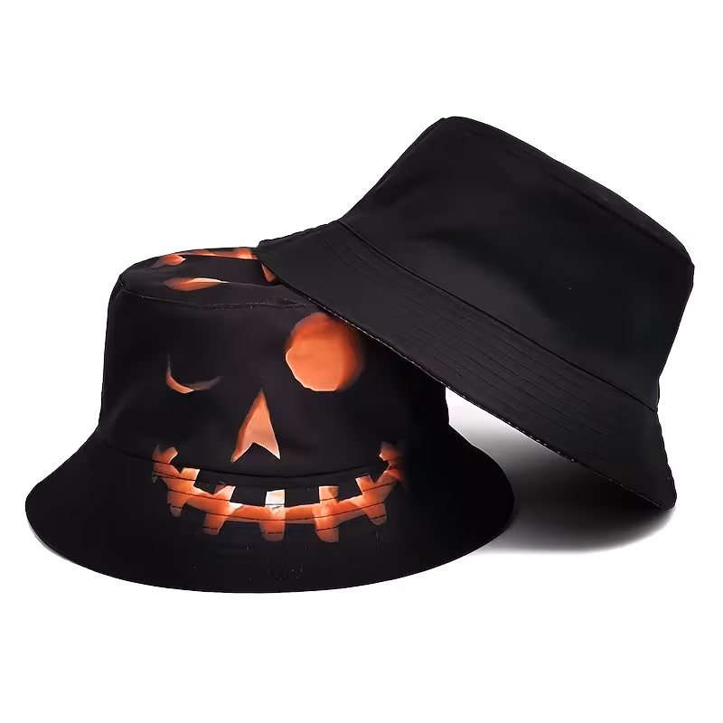 Halloween Easter New Positioning Print Bucket Hat Pumpkin Light Pattern Double-sided Basin Hat Personality Outdoor Sunshade Fisherman Hat