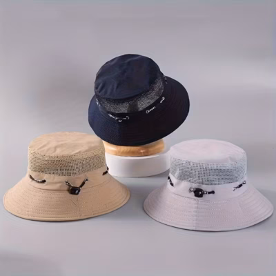 2pcs Black & Khaki Mesh Bucket Hats for Men – Lightweight Summer Sun Visors with Adjustable Straps, Breathable Outdoor Fishing & Casual Wear, Hand Wash Only, Bucket Hat Sun Protection, Adjustable Headgear, Durable Headwear