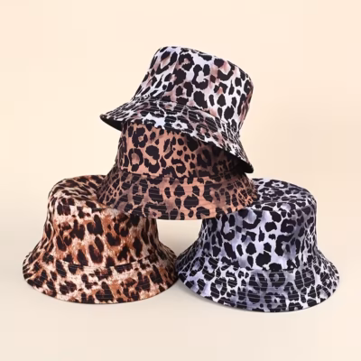 1pc Leopard Print Bucket Hat, 95% 5% Polyester, Lightweight All-Season Fisherman Cap with Striped Pattern, Fitted Animal Theme for Christmas, Hand Washable, Fishing Hat