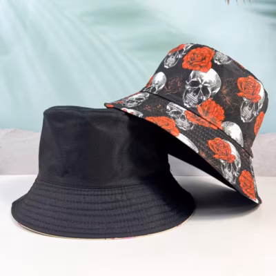 Lightweight Skull & Rose Print Bucket Hat – Stylish Hat for Men and Women, Double-Sided Design with Black Background and Red Roses, Perfect for Halloween or Casual Wear, Hat | Skull Print Hat | Lightweight Hat