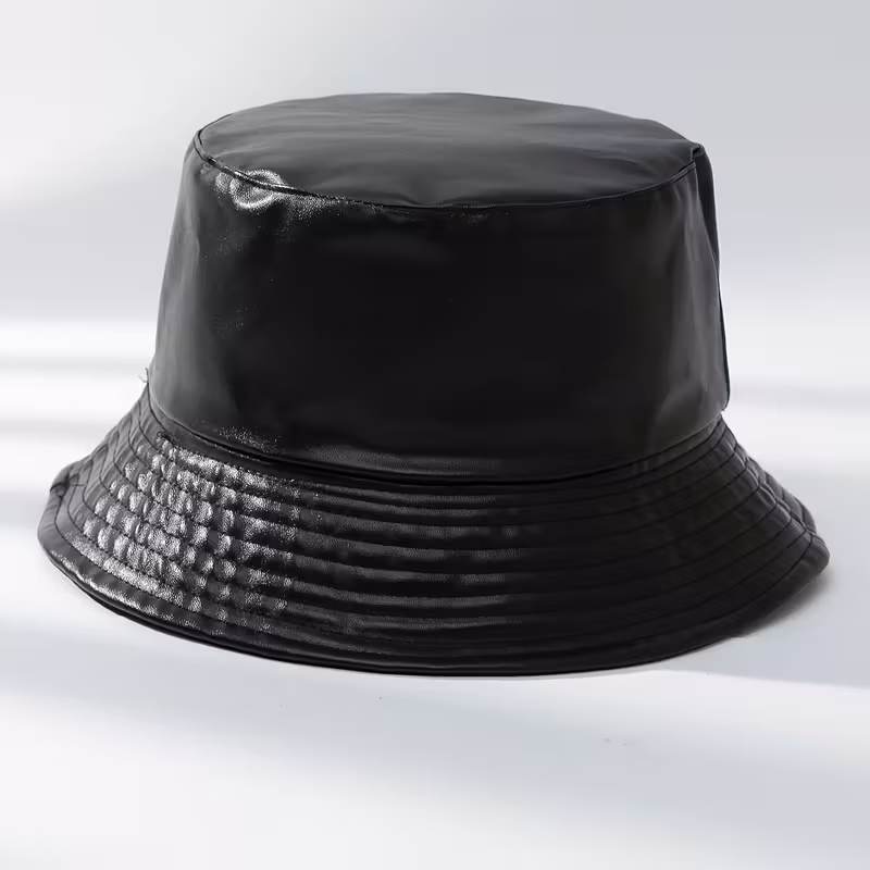 [Reversible Black Bucket Hat] Women’s PU Leather Bucket Hat – Black Reversible Fisherman Hat For Sun Protection – Vintage Style Versatile Basin Hat