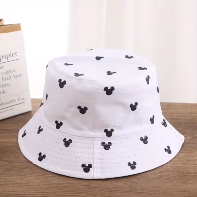 Minnie Mouse Print Bucket Hat – Stylish White Polyester Outdoor Sun Hat with Ears & Bow Design, Perfect for Casual Attire, Casual Headwear | Minnie Mouse Hat | Durable Headgear, Bucket Hat