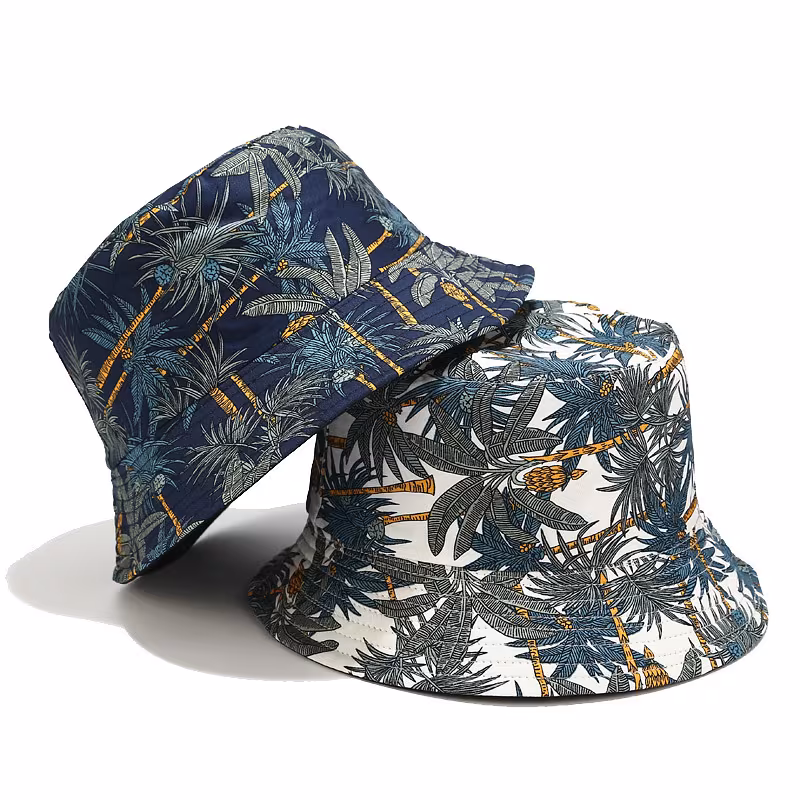 Unisex Lightweight Fisherman Hat With Tropical Leaf Print – Adjustable Bucket Hat For Outdoor Travel, Beach & Casual Wear, Navy & White Design, Summer Vacation, Fashionable Headwear, Durable Material, Stylish Cap, Vacation Essentials