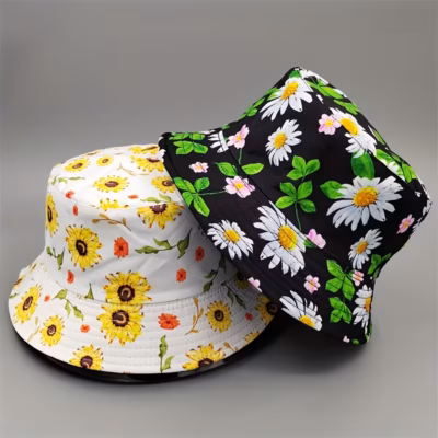 Wide Brim Sun Hat with Daisy & daisy-like Floral Print, Y2K Style White/Black/Green Bucket, Machine Washable Shield for Beach, Outdoor, Casual Wear – One-Size-Fits-All Fisherman Hat