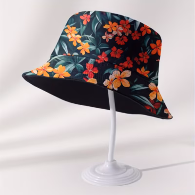 1pc Vibrant Floral Print Reversible Bucket Hat – Lightweight, Breathable Polyester, Adjustable Toggle Closure, Perfect for Beach & Outdoor Adventures, Travel Hat Beach Style, One Size Fits Most, Black with Colorful Flower Design, Beach Accessorie