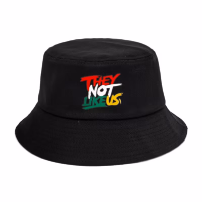 They Not Like Us Printed Bucket Hat – Colorful, Lightweight Polyester Sun Hat for Outdoor Gatherings, Parties, and Events, Hand Wash Only, Inelastic Fit, Toggle Closure, Black with Multicolor Design