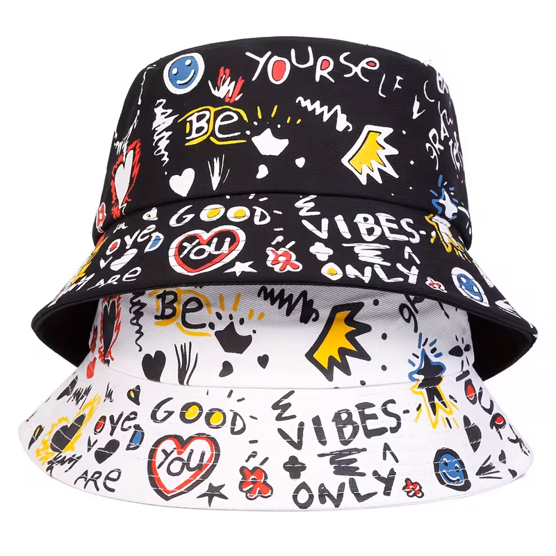 Women’S Stylish Graffiti Bucket Hat with Fun Face Design – Lightweight, Breathable Sun Protection Cap for Spring & Fall, Perfect for Travel, Beach, and Parties
